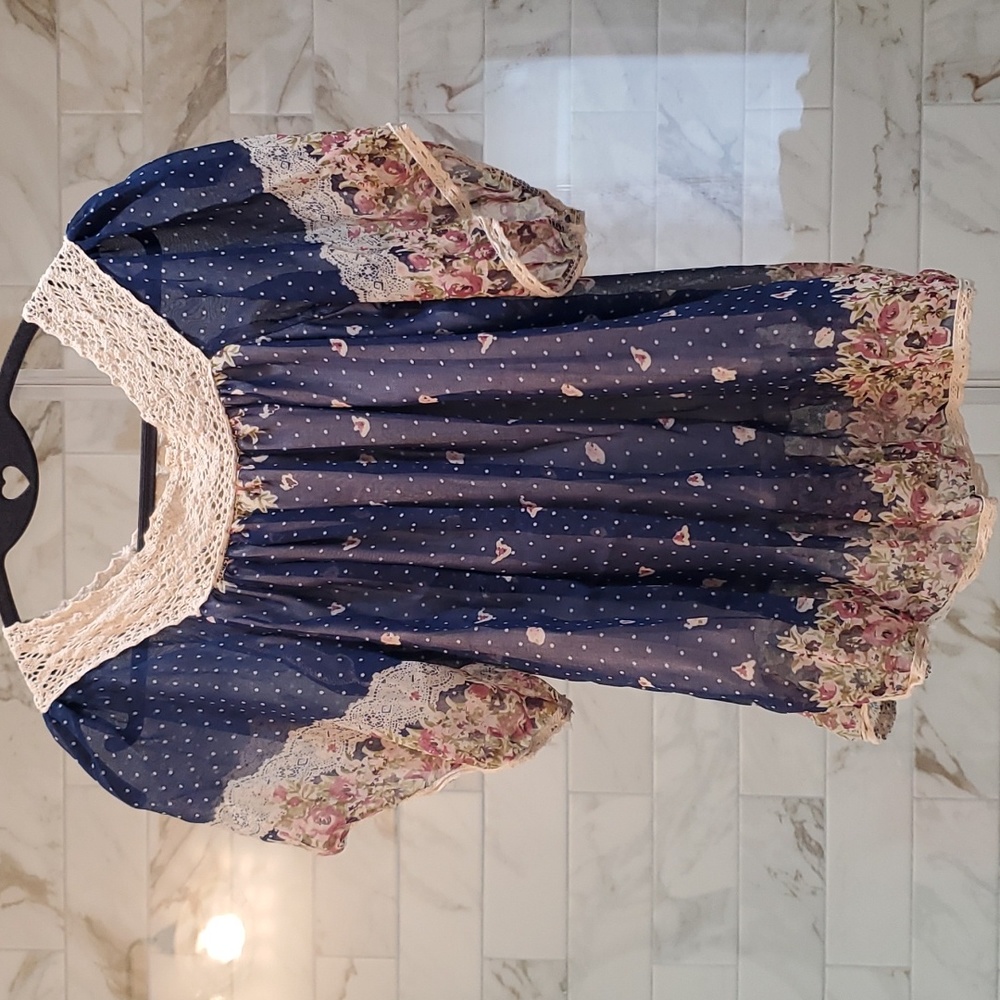 Blue Sheer Peasant Top with Pink Roses